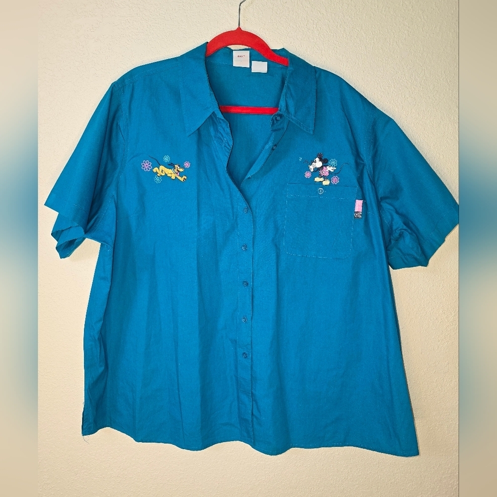 VTG Mickey Mouse Shirt WomensLarge Blue Embroidered Short Sleeve Button Down